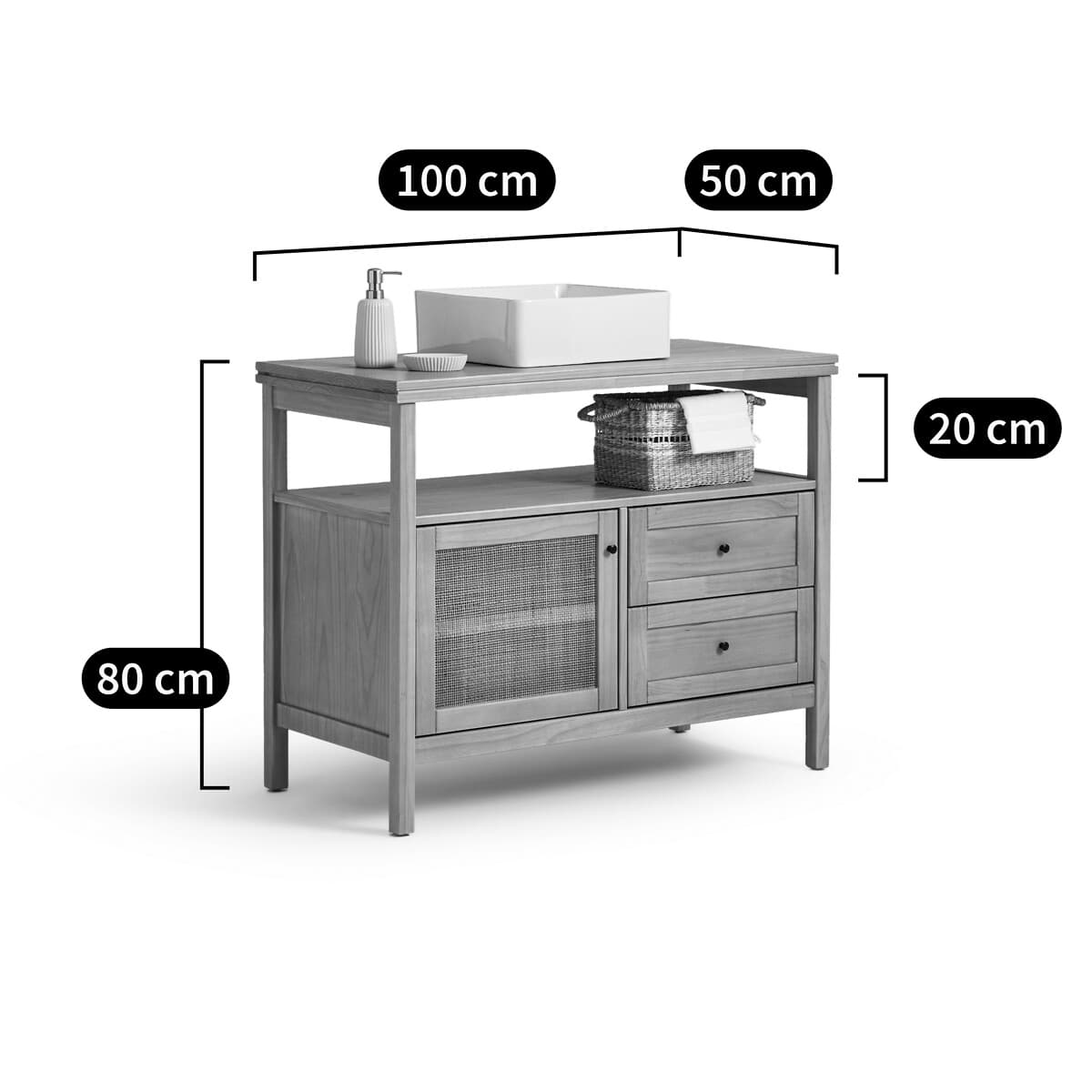 Mueble bajo lavabo de madera gris con puerta de rejilla