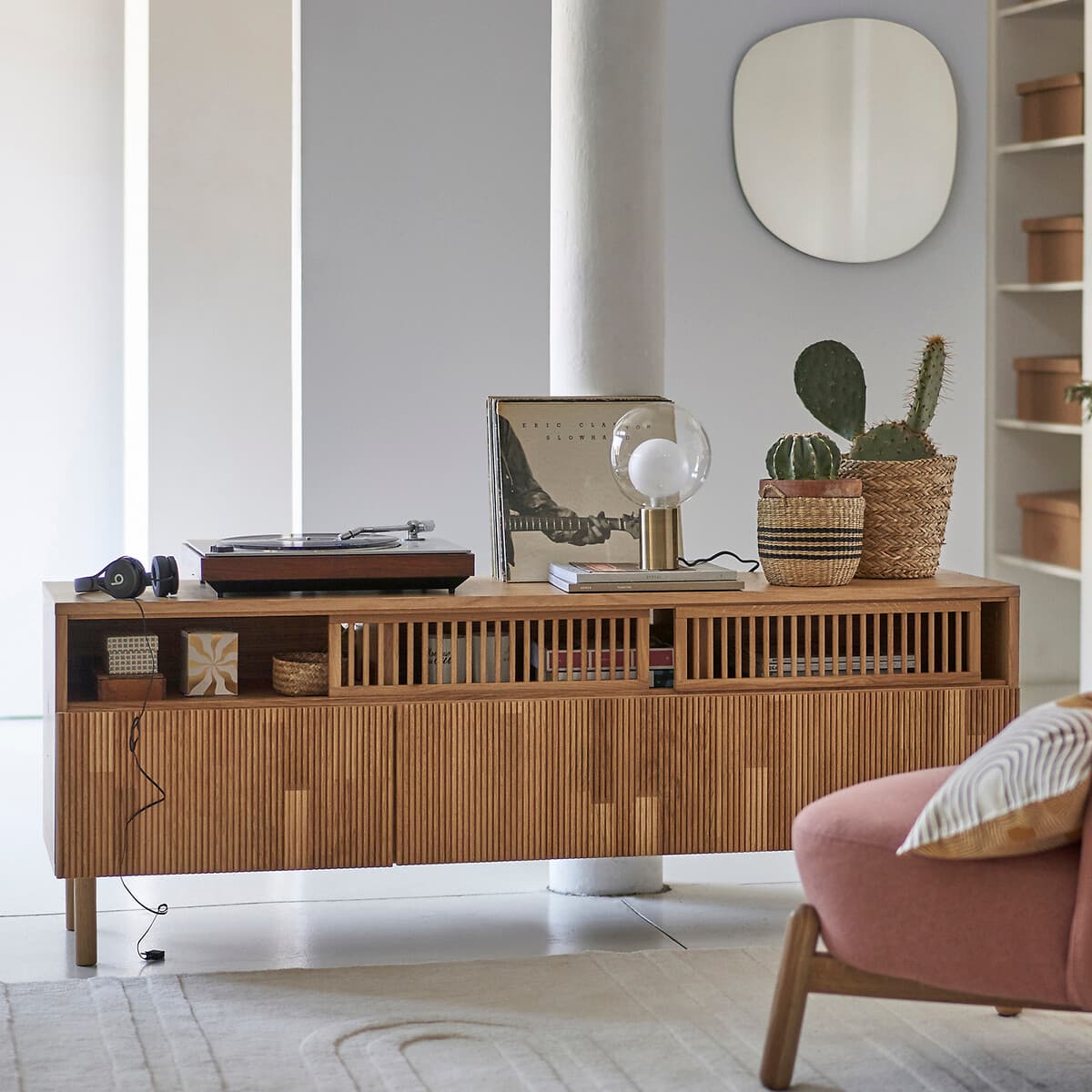 aparador madera listones, mueble tv nórdico