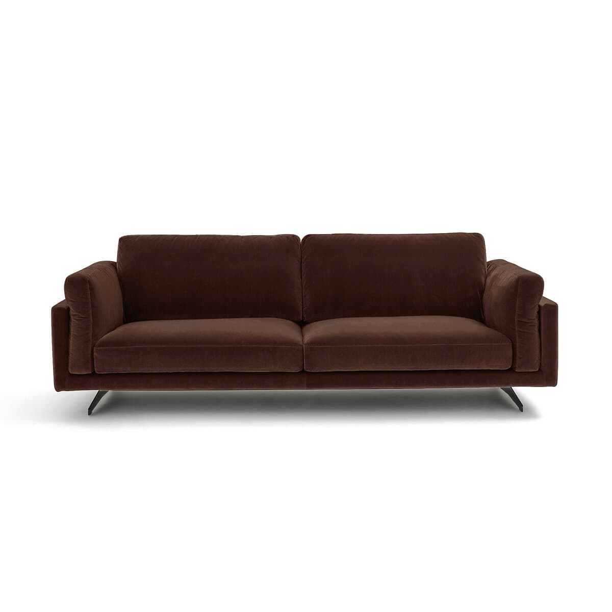 Sofá de terciopelo marrón chocolate con patas de metal