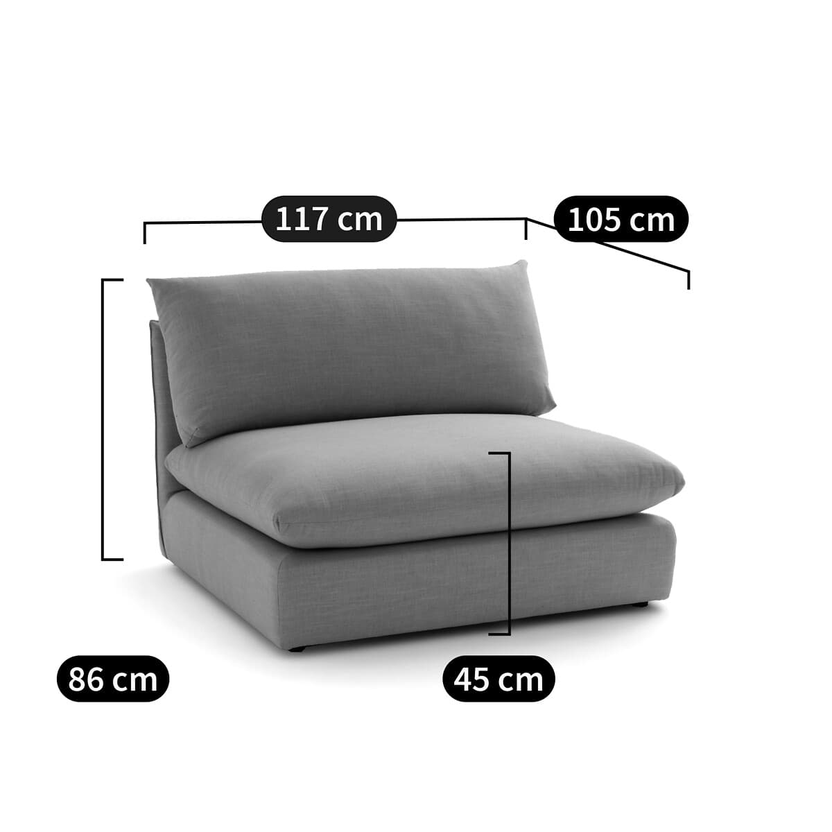 Sillón modular individual tapizado en gris