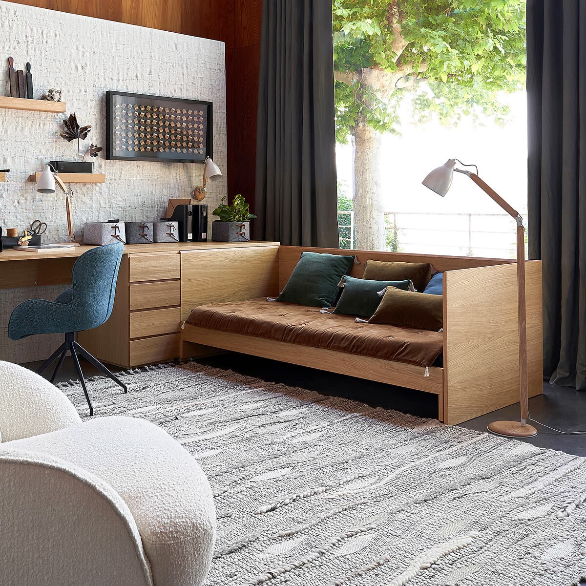 sofá cama individual madera, sofá cama estilo escandinavo