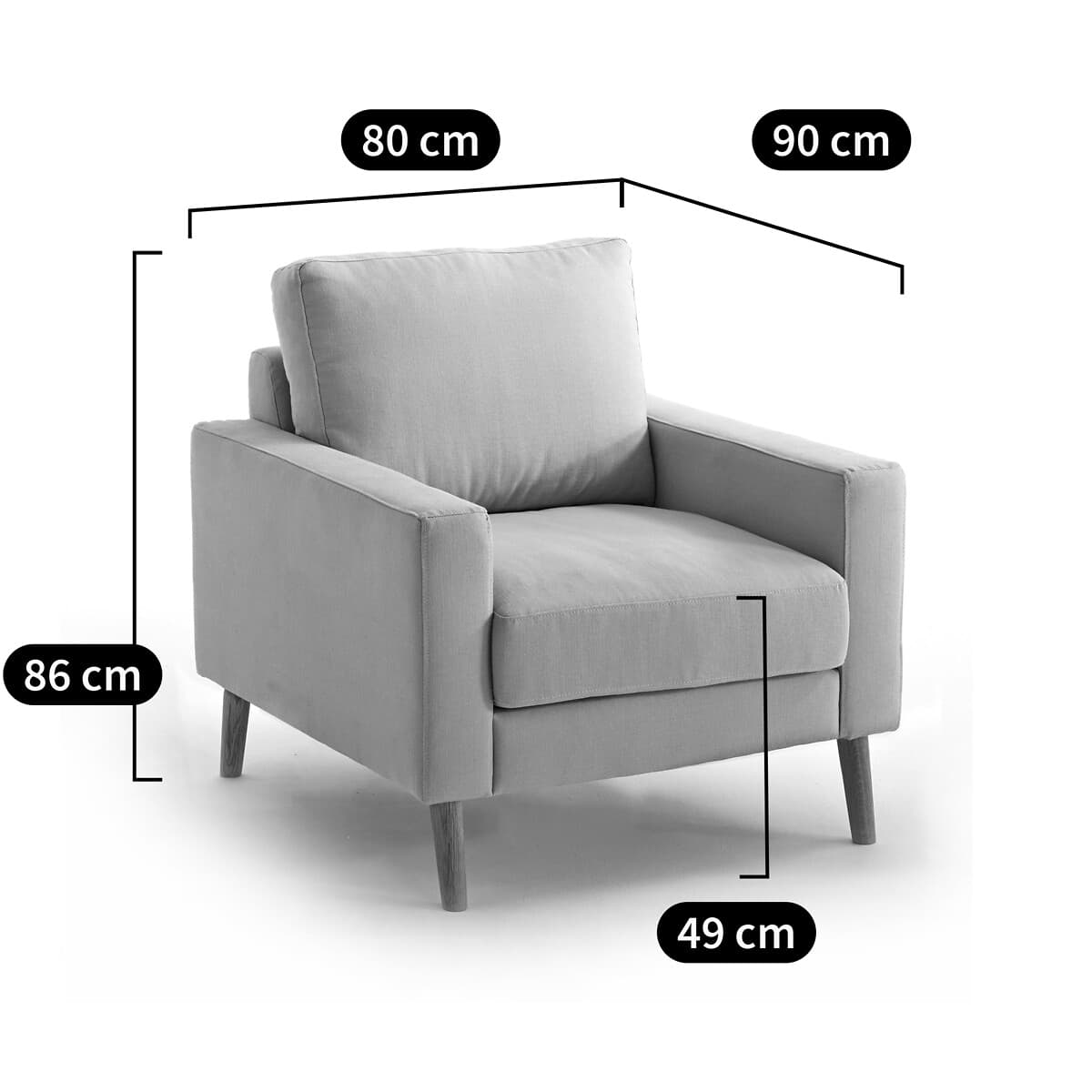 Sillón tapizado gris con patas de madera