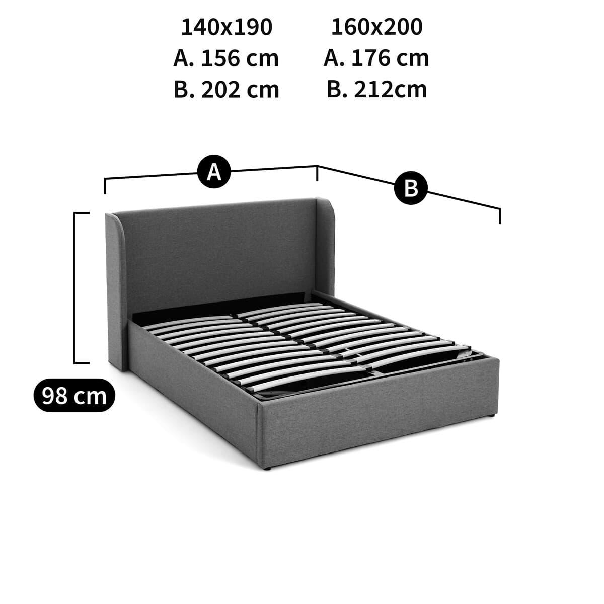 Cama tapizada gris con somier de láminas