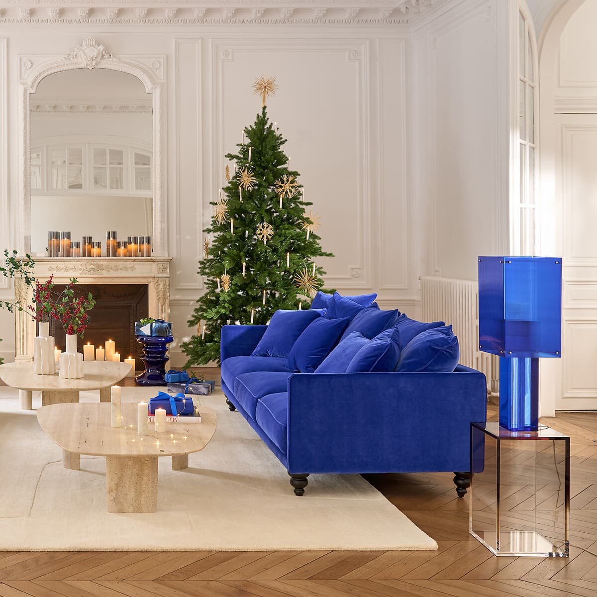 sofá azul terciopelo, sofá moderno tres plazas