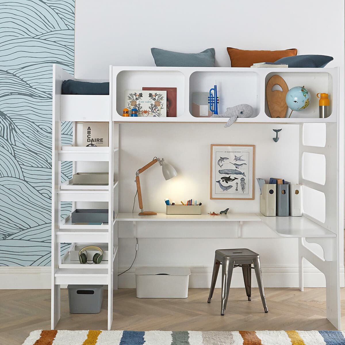 cama alta infantil con escritorio, cama alta con almacenaje