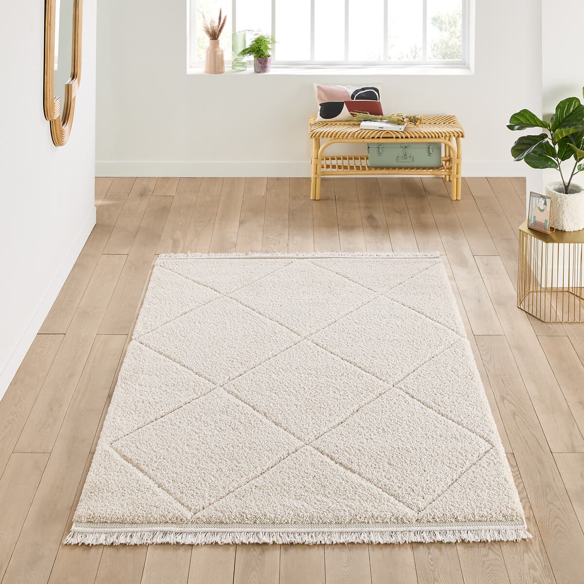 alfombra lana beige, alfombra salón rombos