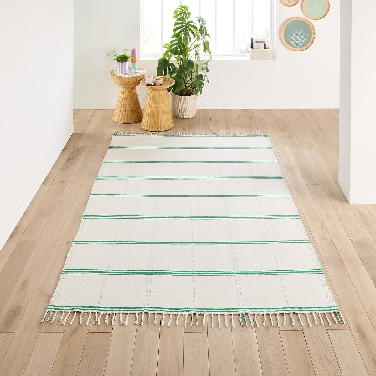 Alfombra de algodón a rayas verde y blanco