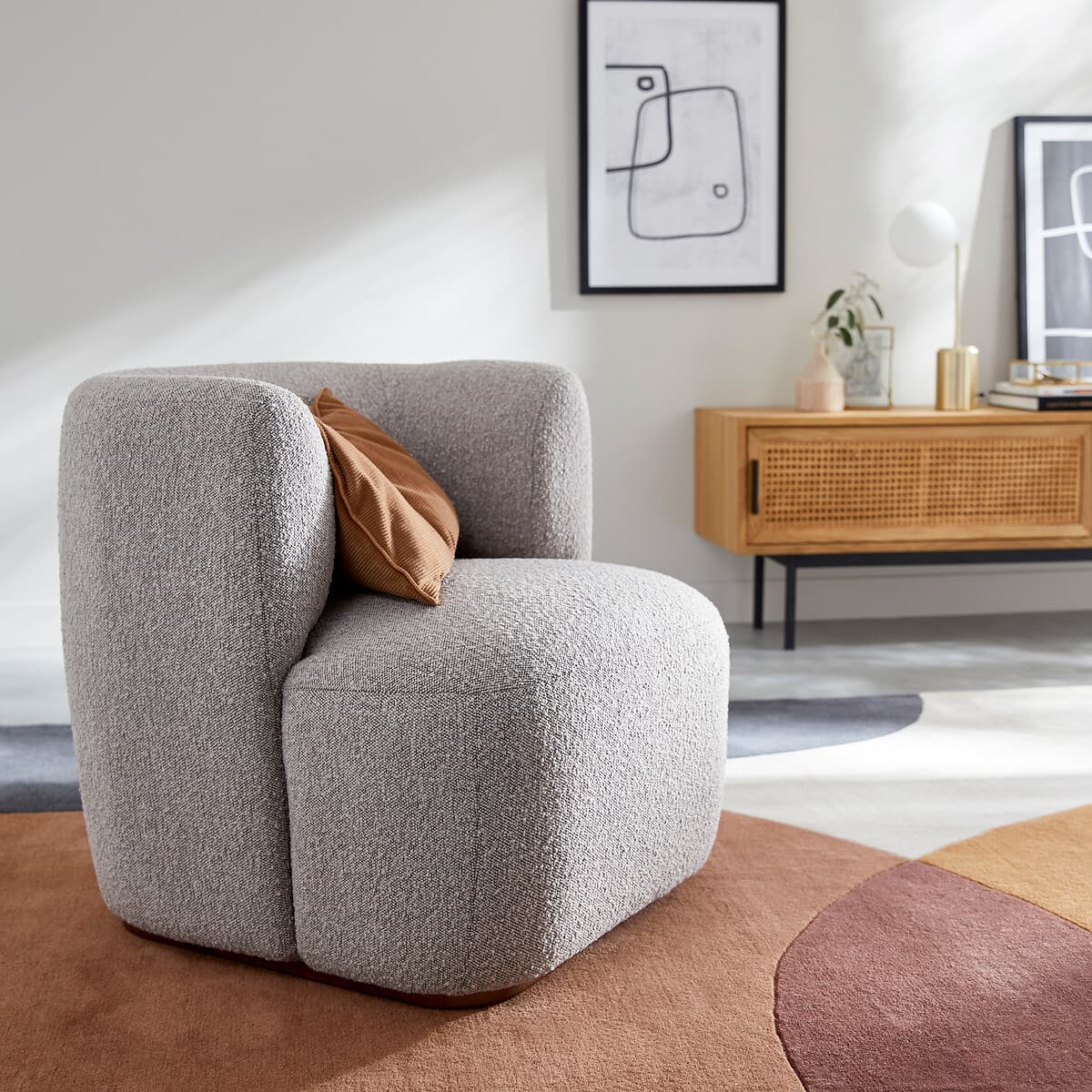 sillón moderno bouclé, sillón modular gris