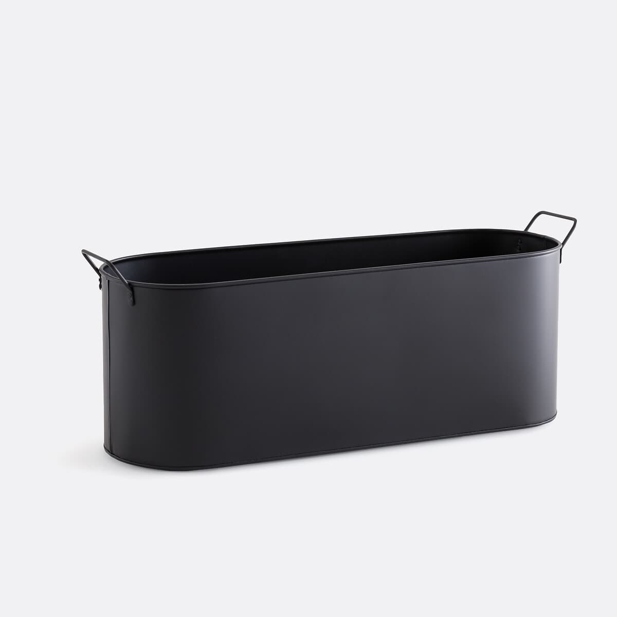 Jardinera ovalada de metal negro con asas