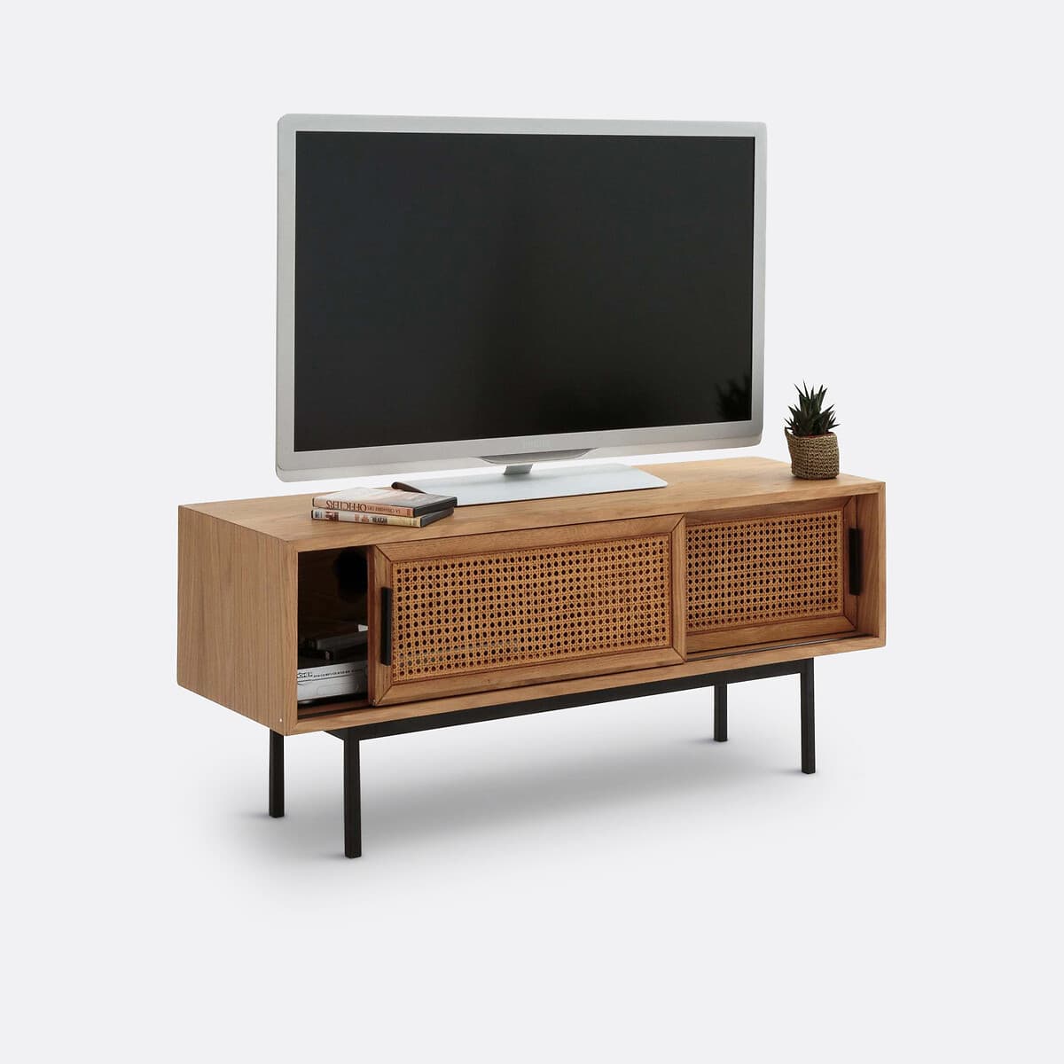 Mueble TV de madera con ratán estilo nórdico