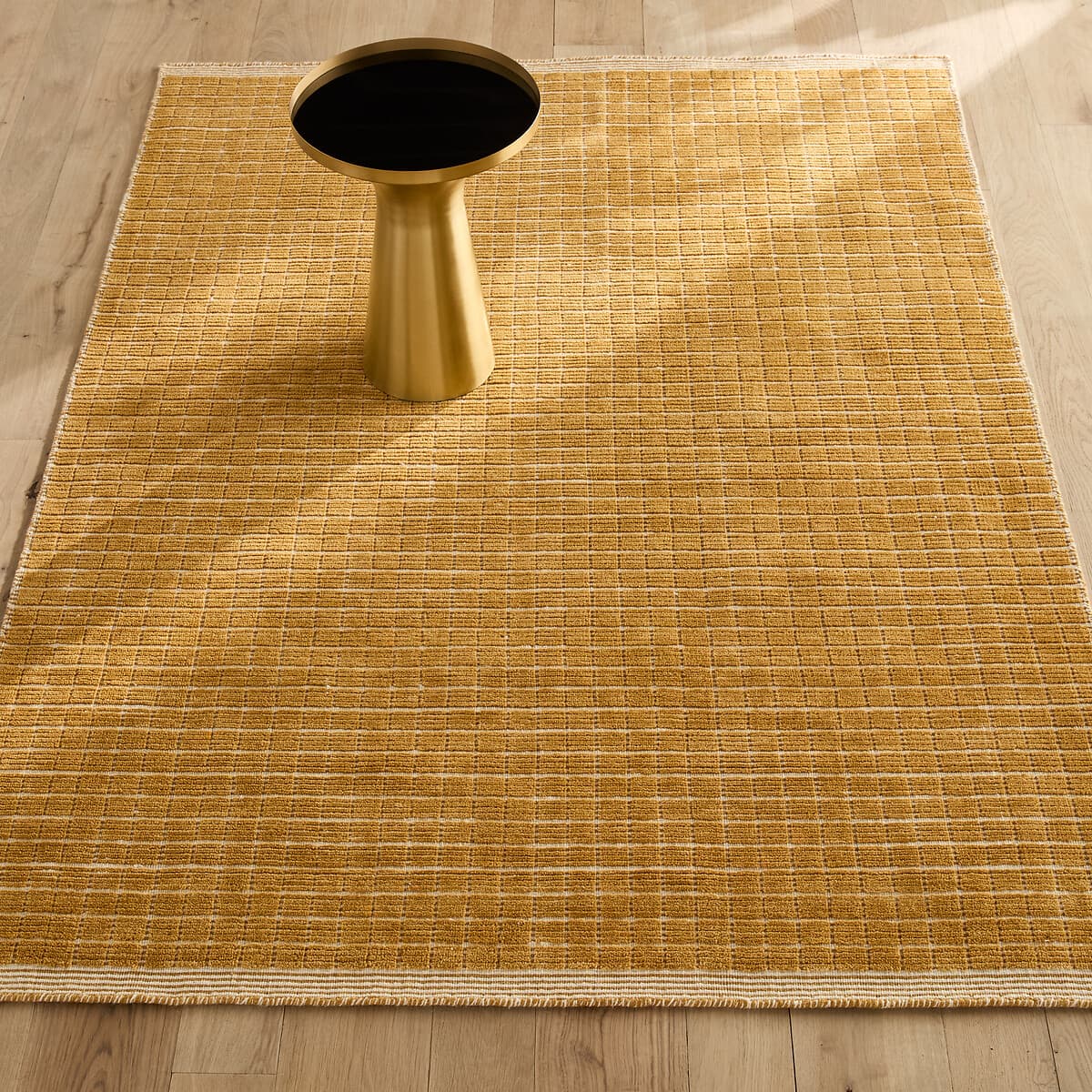 alfombra dorada diseño cuadros, alfombra salón algodón oro