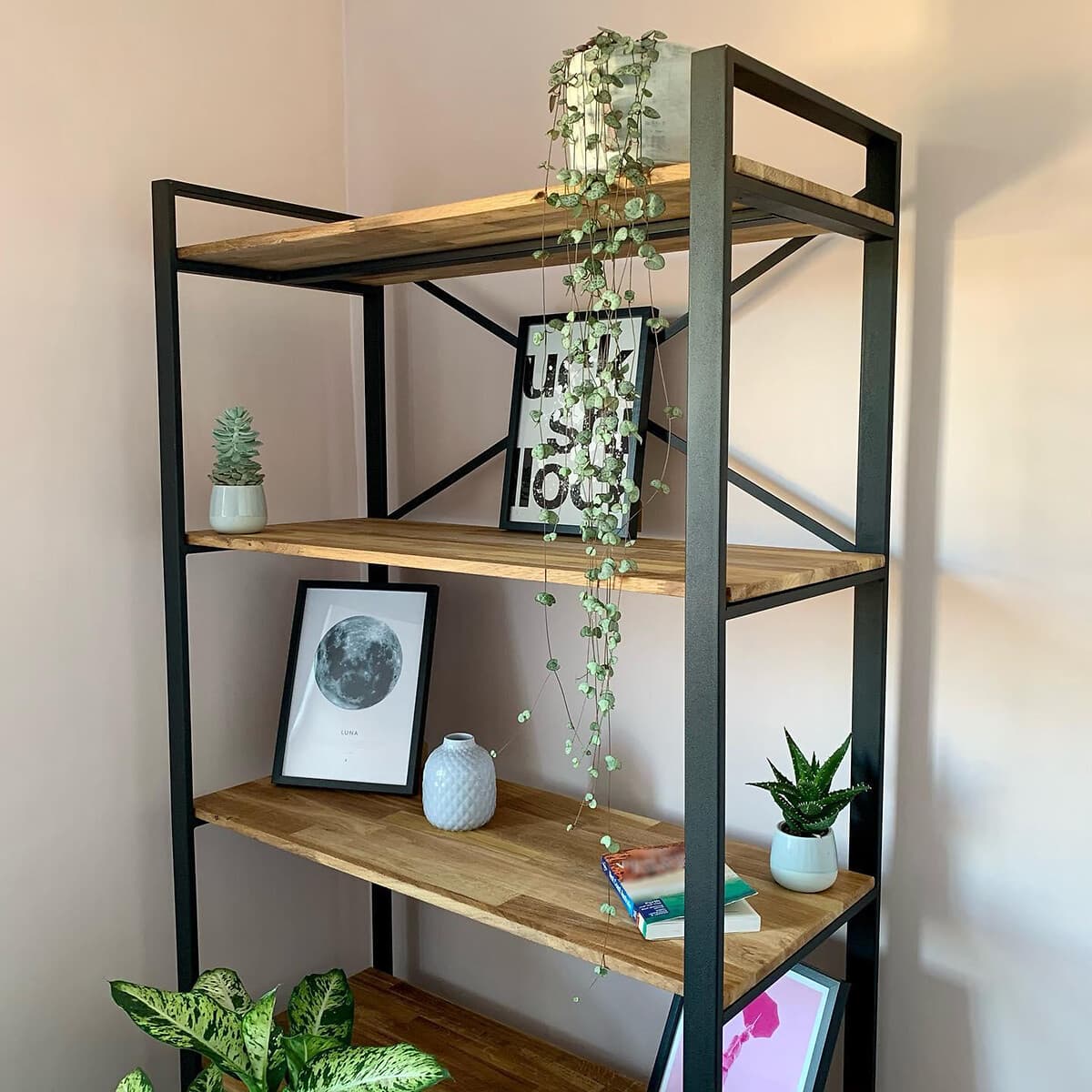 estanteria industrial madera, estanteria salon metal negro