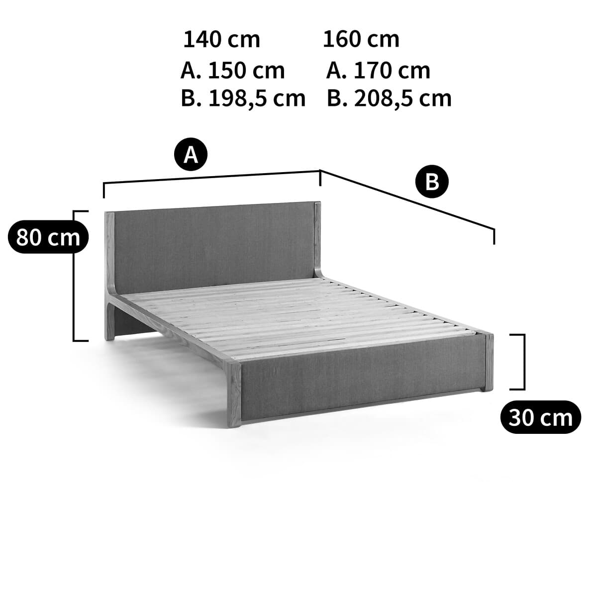 Cama tapizada gris con somier de láminas