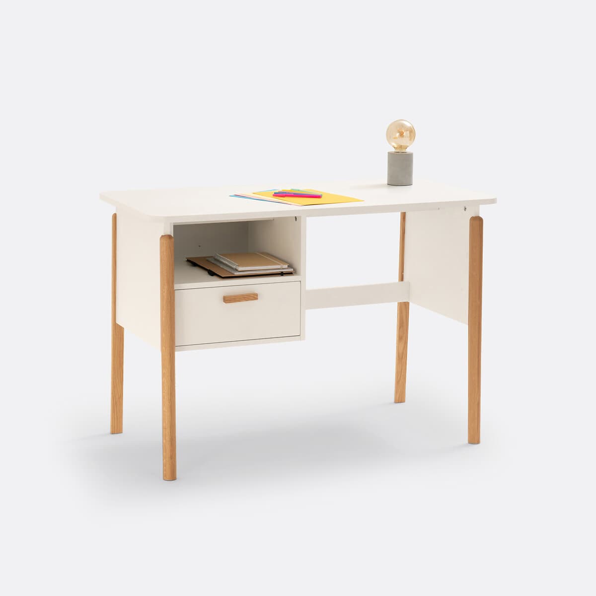 Escritorio infantil blanco con cajón y patas de madera