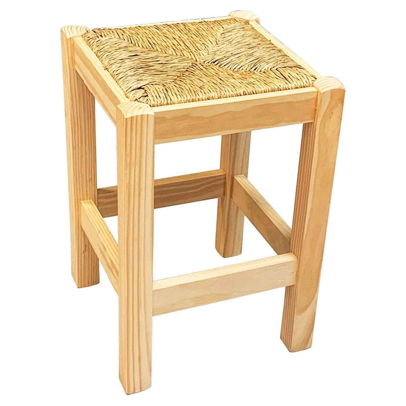 Taburete de madera con asiento de cuerda