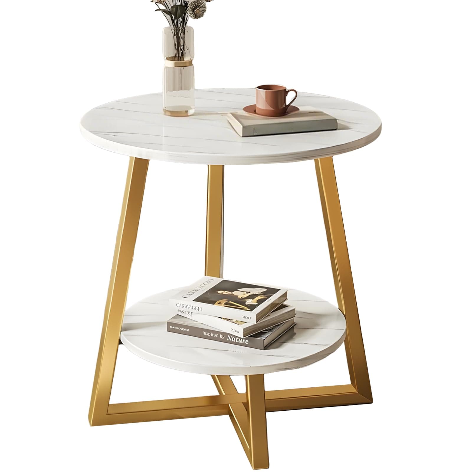 Mesita auxiliar redonda con estructura dorada y superficie de mármol