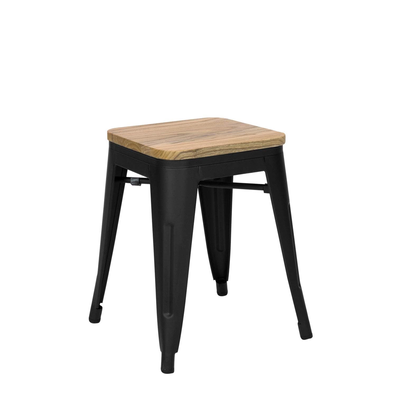 Taburete industrial de metal negro y madera