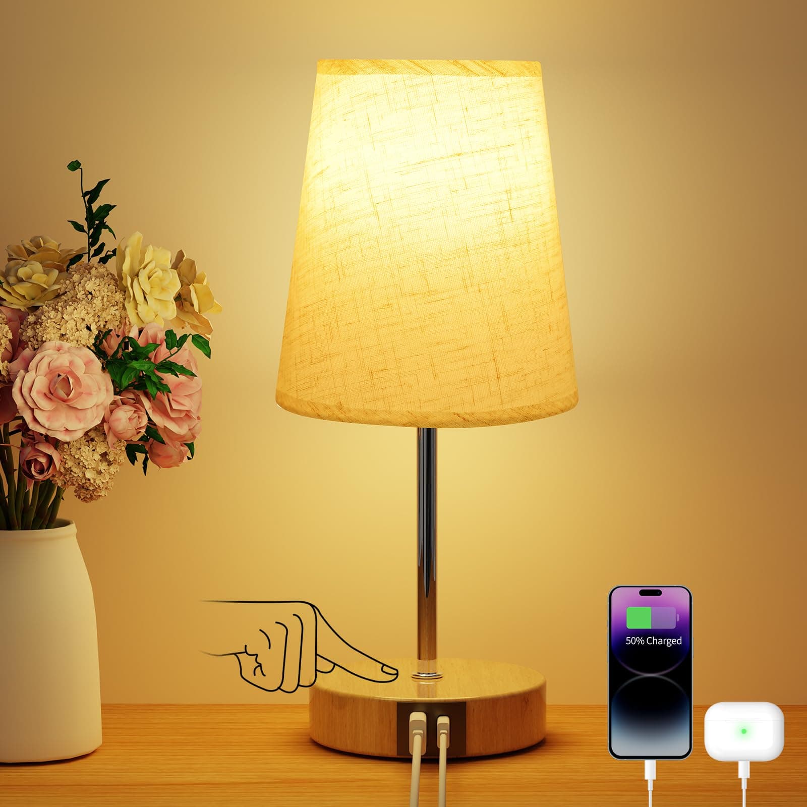 Lámpara de mesa beige con base de madera y puerto USB