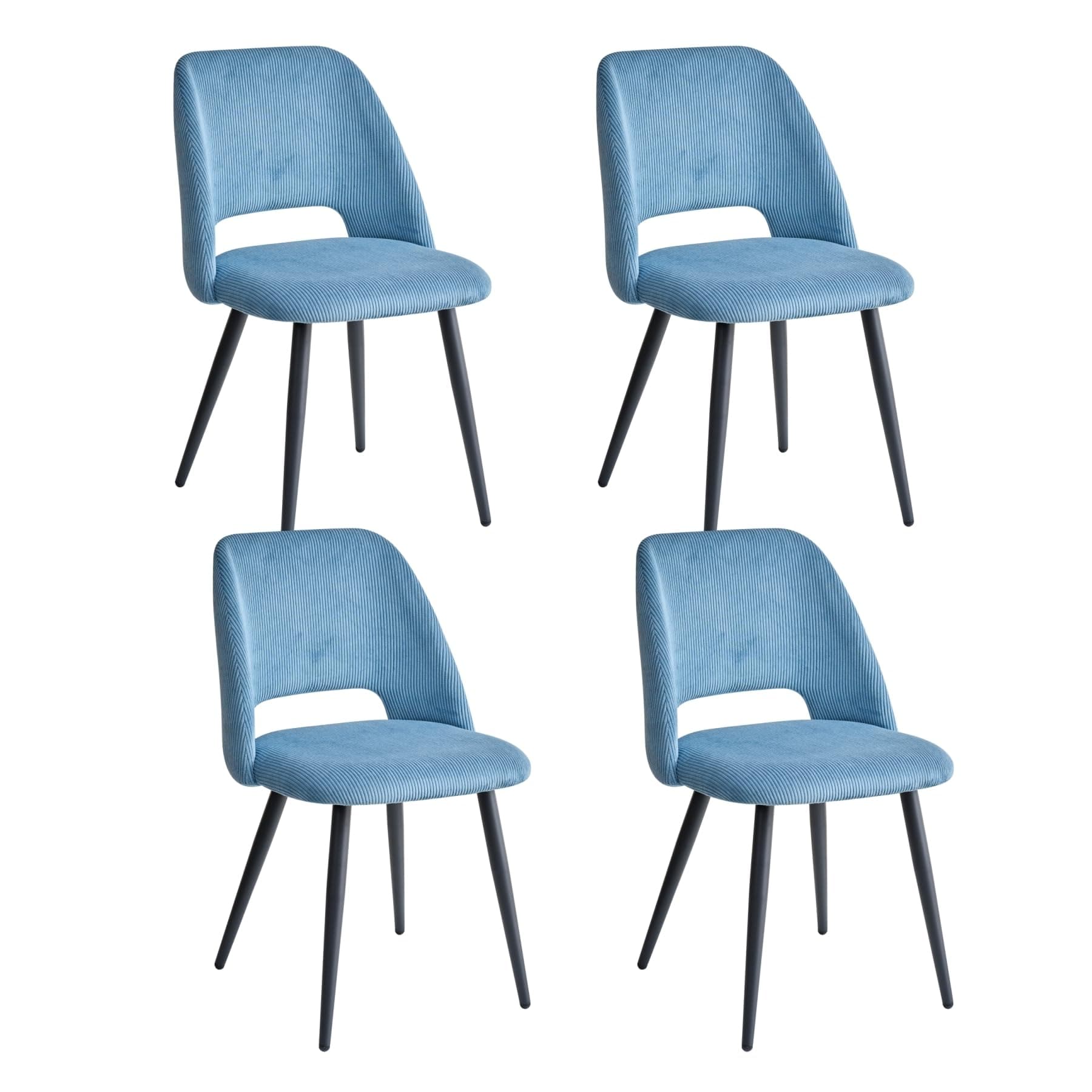 Silla de comedor tapizada azul con patas metálicas negras