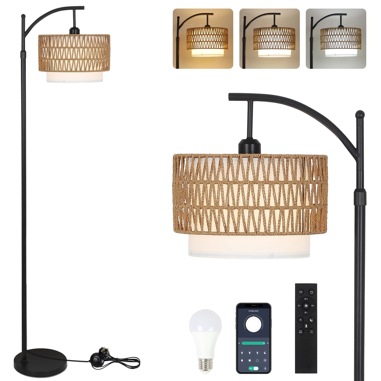 Lámpara de pie con pantalla de cuerda beige