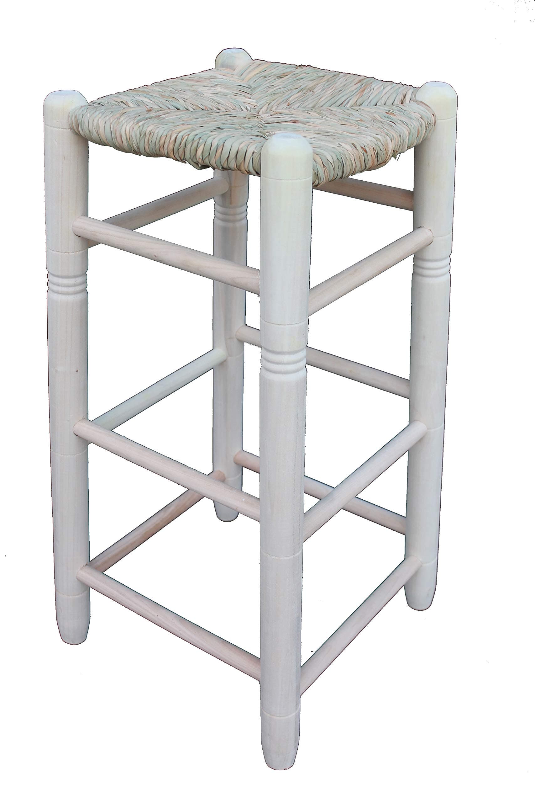 Taburete alto de madera con asiento de enea blanco